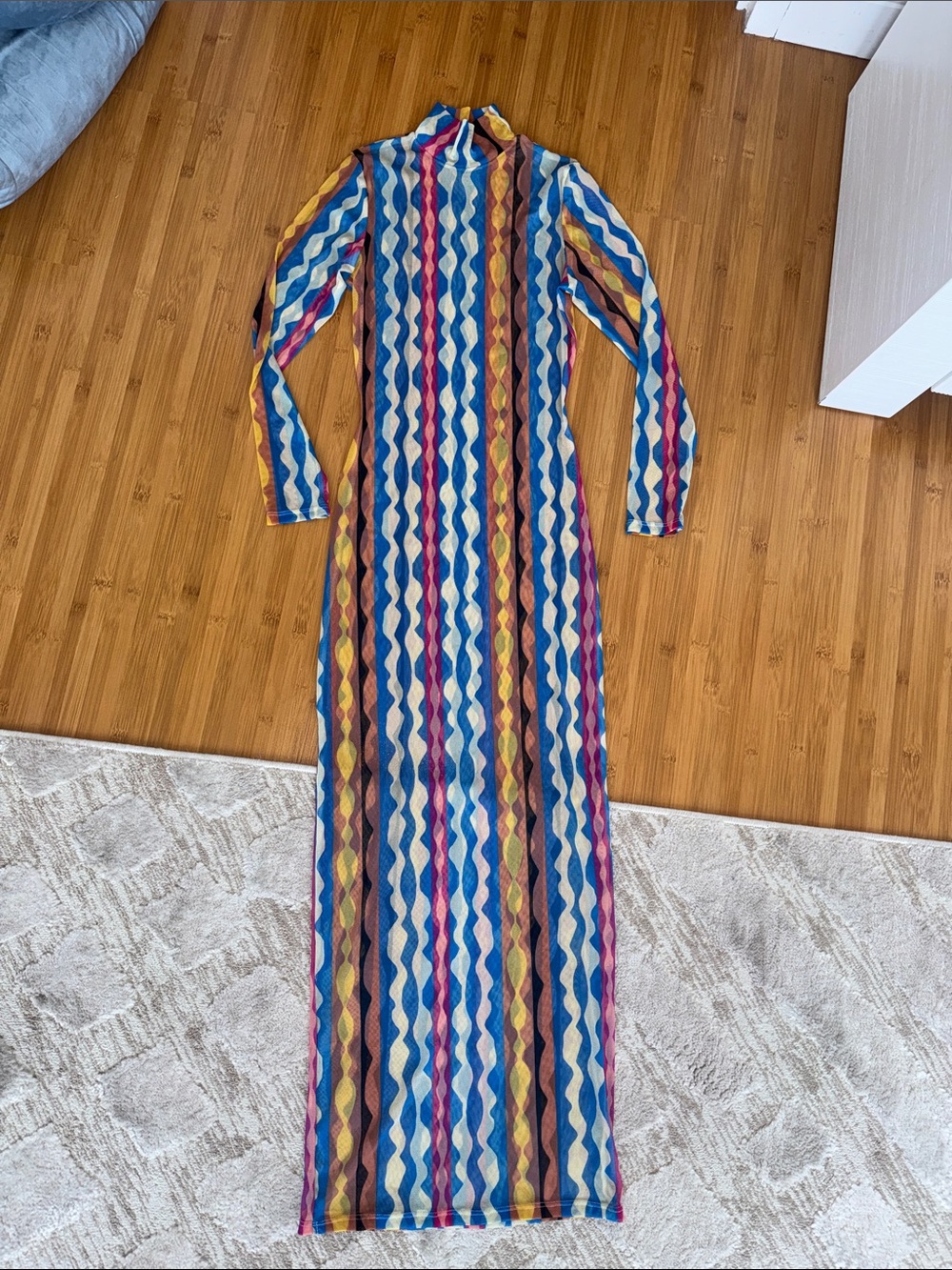 Montce Mesh Long Multicolor Stripe Bodycon Dress - Blue/Yellow/Pink